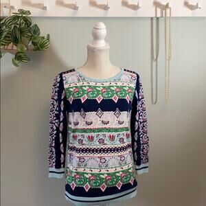 Navy & Green Talbots Cotton and Silk Summer Sweater with 3/4 Sleeves Size S